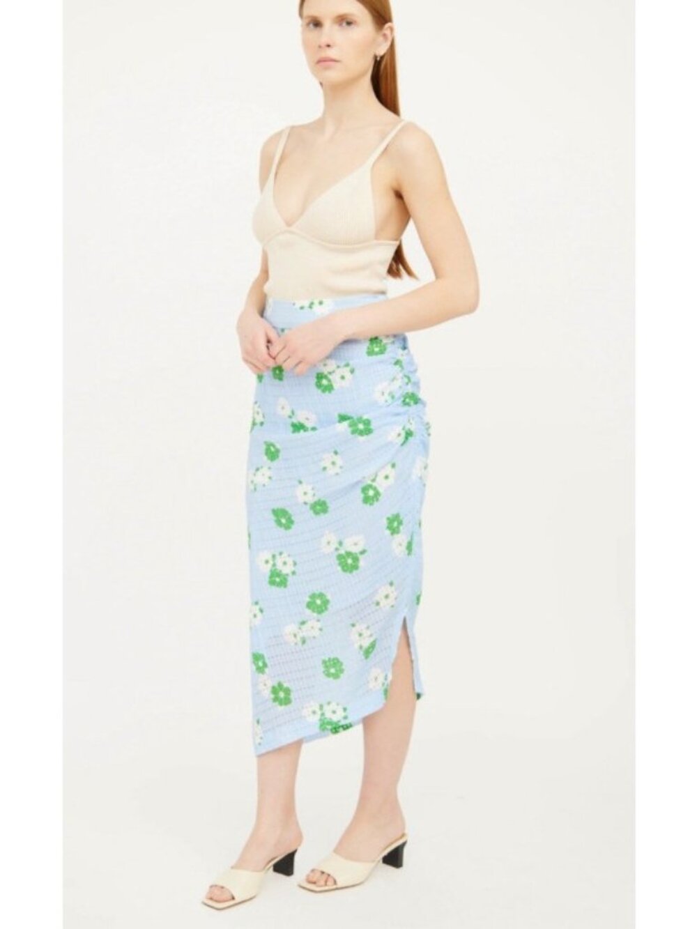 NWT Smythe Floral Maxi Skirt Blue Ruched Waist Side Zip Womens 0 Designer Luxury